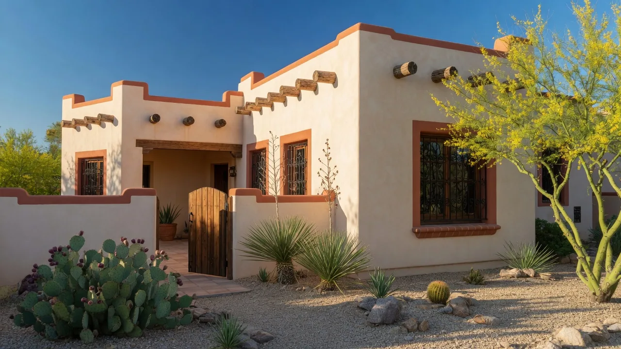 Territorial style Arizona home exterior with mountain views