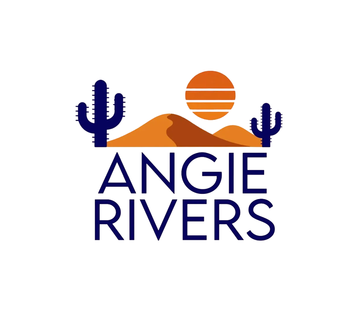 Angie Rivers logo: dark blue cacti and a desert sun above the Angie Rivers wordmark