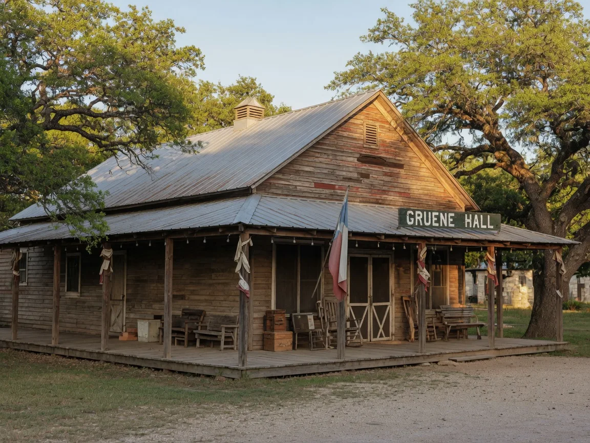 Historic Gruene Hall in New Braunfels, Texas — a weathered wooden 1878 dance hall with tin roof and covered porch under live oak trees