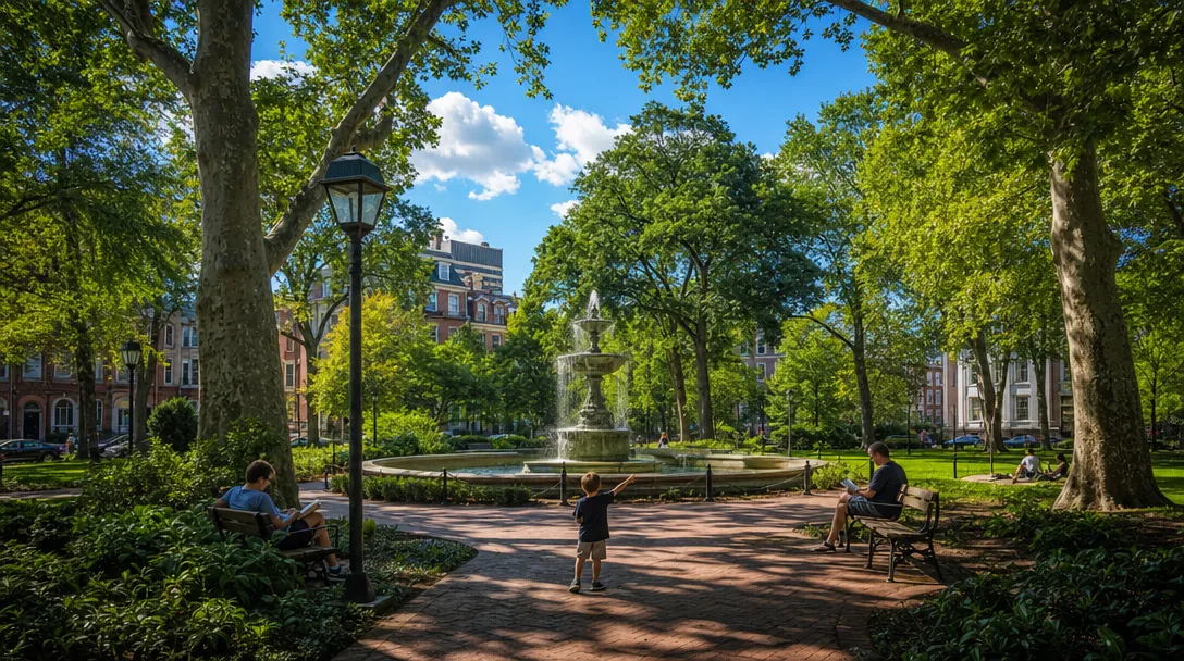 Washington Square Park in Philadelphia with central fountain, mature trees, and historic townhouses in the background