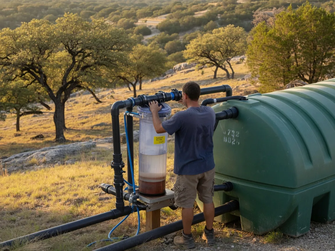 A homeowner inspecting a clear sediment filter on a rainwater harvesting system beside a green cistern with Hill Country oak trees in the background.