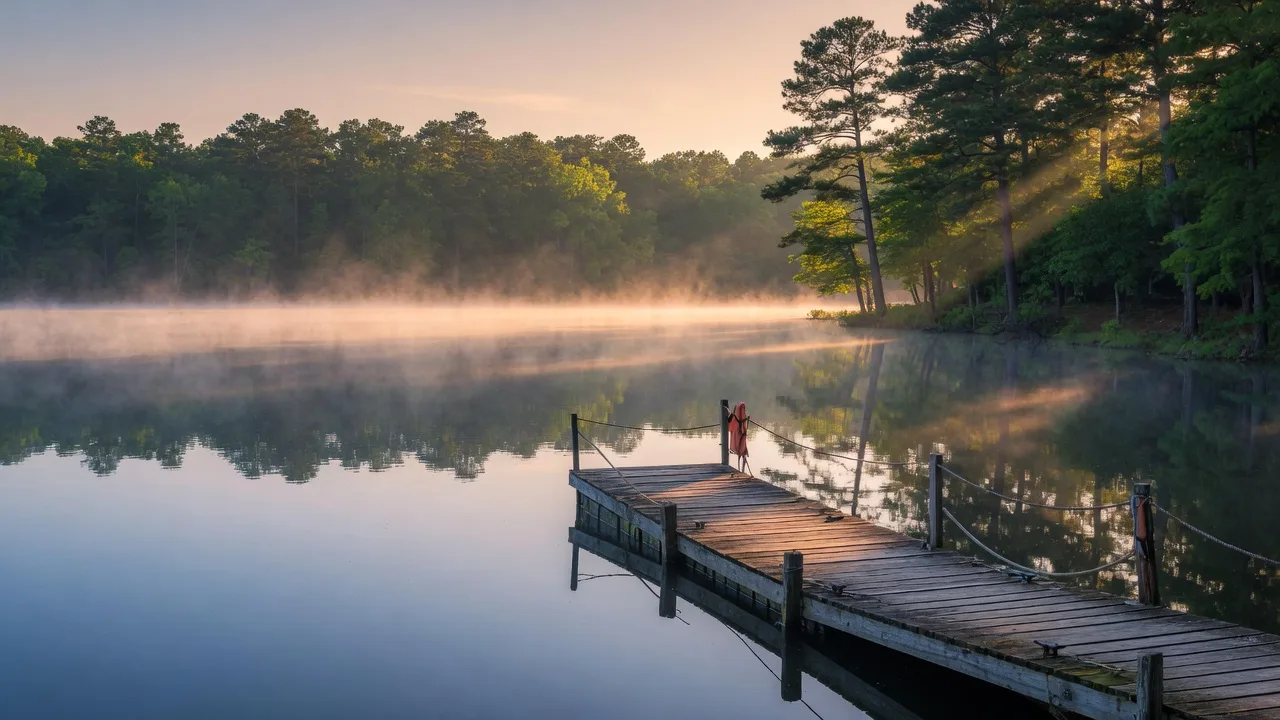Pat Mayse Lake on a calm summer morning with mist rising off the water