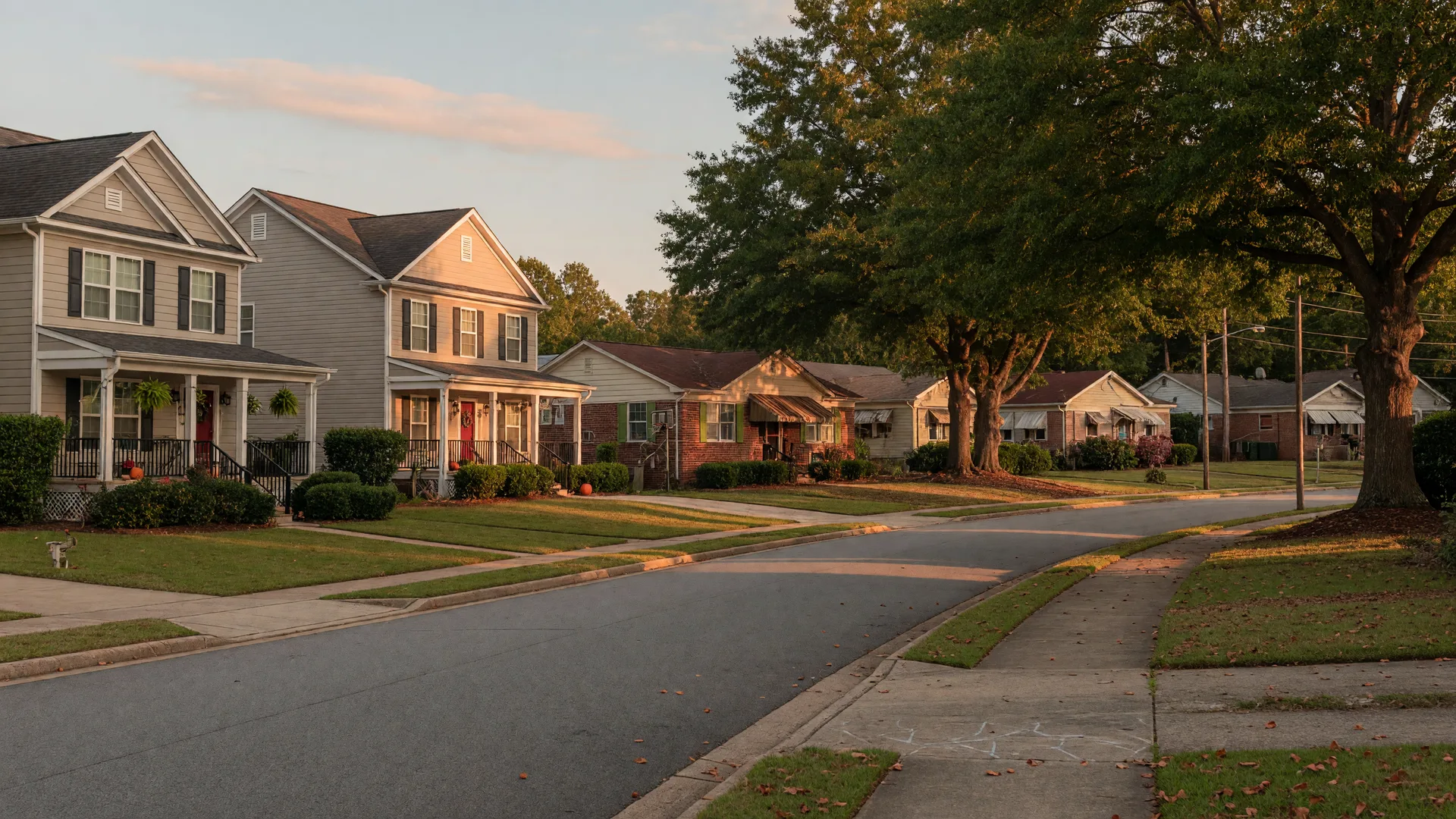 Quiet Gwinnett County street at golden hour mixing newer porched homes with mature shade trees