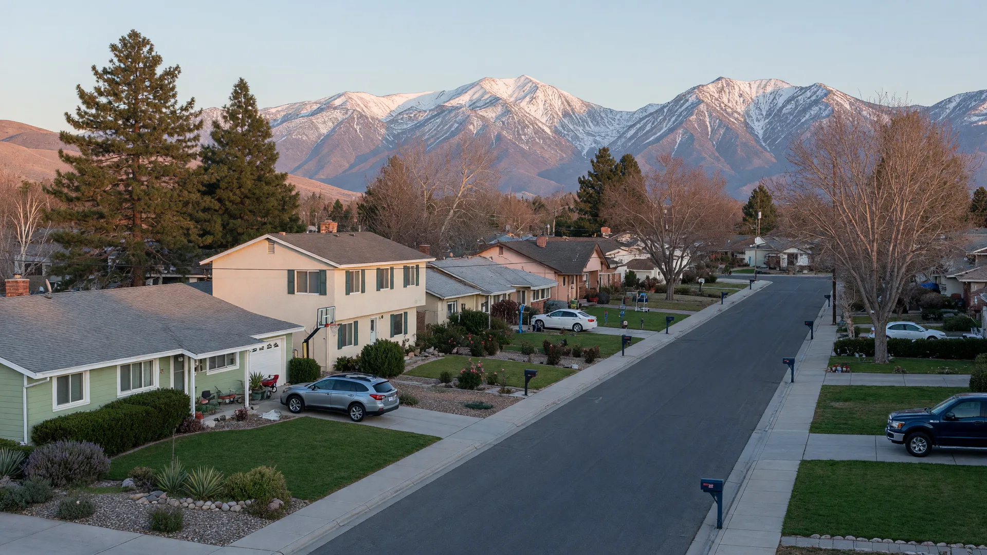 A tidy Carson City neighborhood of single-family homes with tree-lined streets and the Sierra Nevada behind, in morning light.