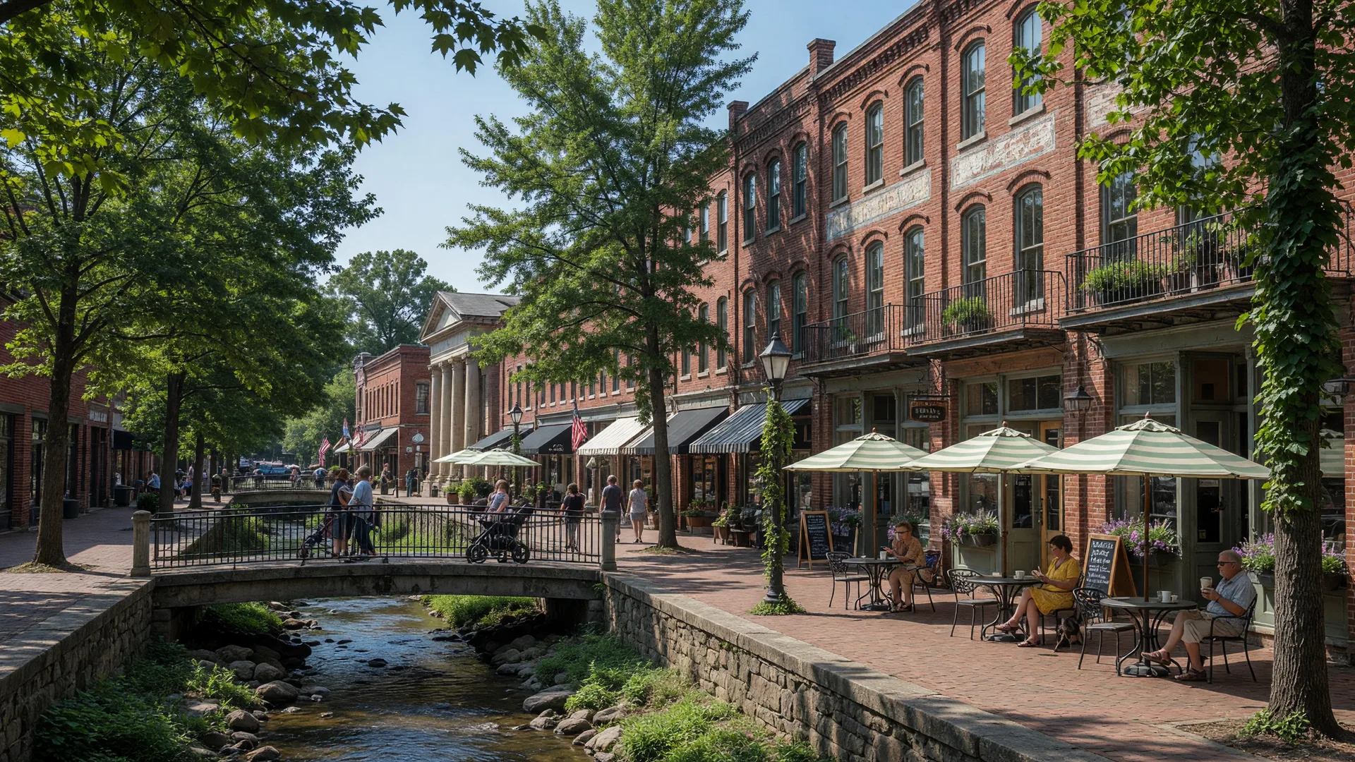 Fort Mill SC historic downtown with brick buildings and coffee shop