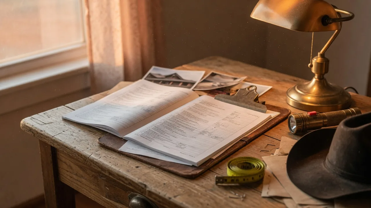 A printed home inspection report open on a rustic wooden desk with a brass lamp, a clipboard, and a tape measure, the kind of report San Antonio buyers read for red flags before closing
