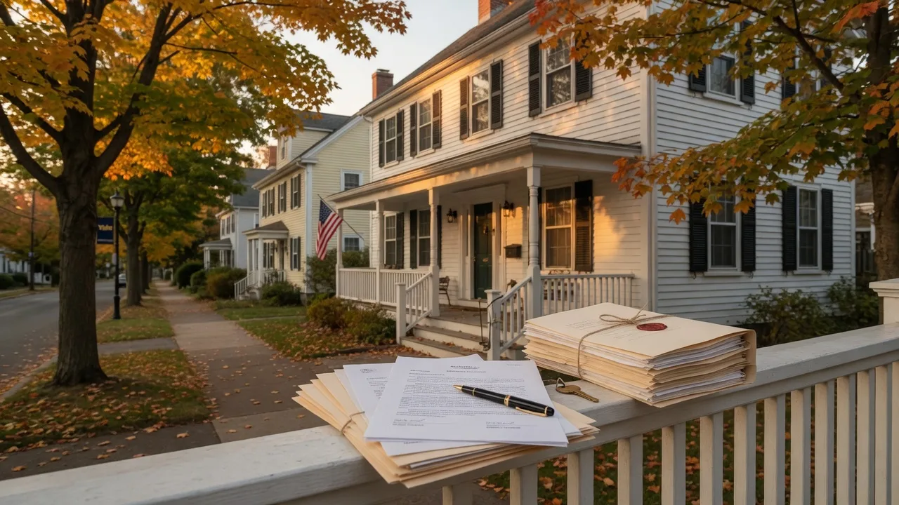 A classic white clapboard New England colonial home on a tree-lined New Haven street at late September golden hour, with a twine-tied stack of estate paperwork, an ink pen, and a brass house key on the porch railing