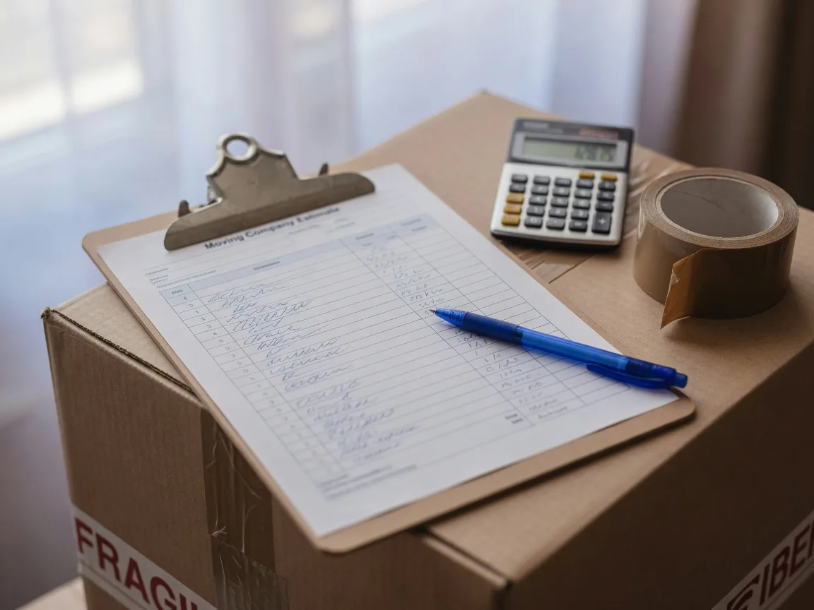 A blank written moving estimate on a clipboard resting on a moving box, with a pen, calculator,and packing tape nearby