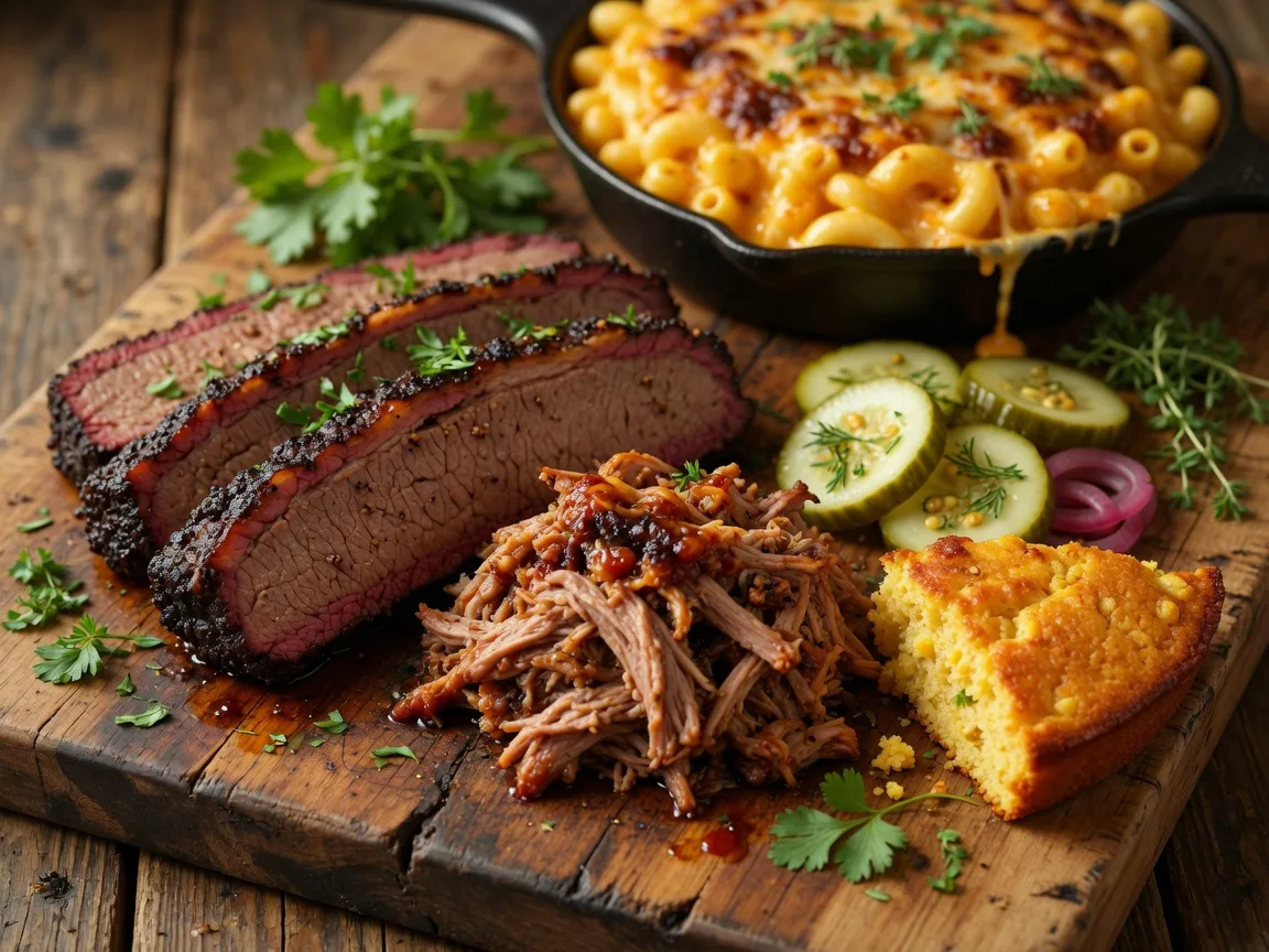 Signature smoked BBQ platter at Branch House Tavern in Flowery Branch Georgia, brisket, pulled pork, mac and cheese and cornbread