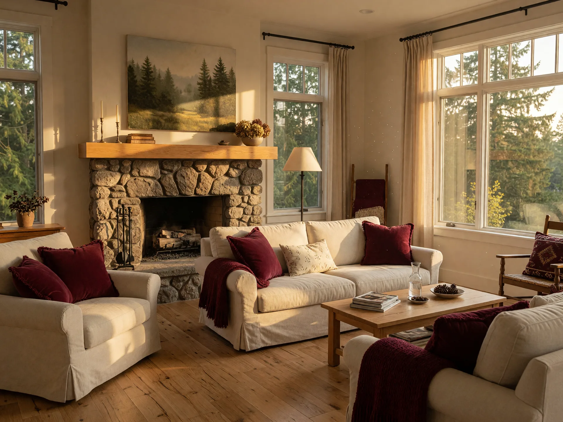 A light-filled Pacific Northwest farmhouse living room at golden hour with cream linen sofas and tall windows
