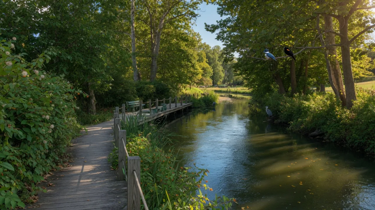 Peaceful Rancocas Creek in Hainesport NJ with wooden walking paths, mature trees, and dappled sunlight on the water on a summer afternoon