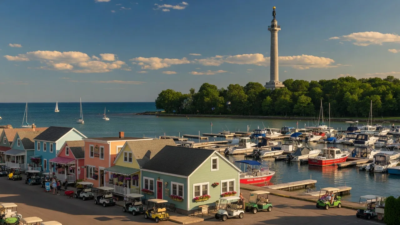 Put-in-Bay on South Bass Island in Lake Erie with Perry's Victory Memorial rising above the marina on a bright summer afternoon