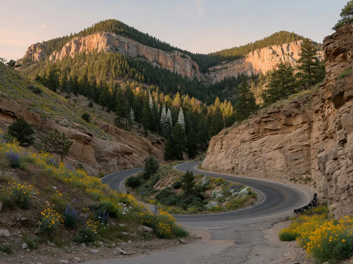 Rugged desert mountain recreation landscape near Mount Charleston with pine forest and warm light