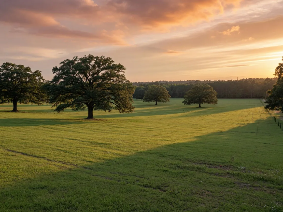 A large parcel of green pasture land for sale in rural Georgia at golden hour