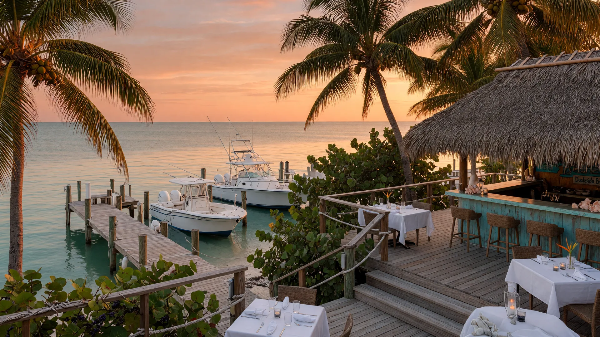 Snappers Oceanfront Restaurant and Bar in Key Largo at golden hour with white linen tables on an open-air dining deck beside a thatched tiki bar, wooden steps down to guest boat slips, and the open Atlantic Ocean glinting in warm amber light