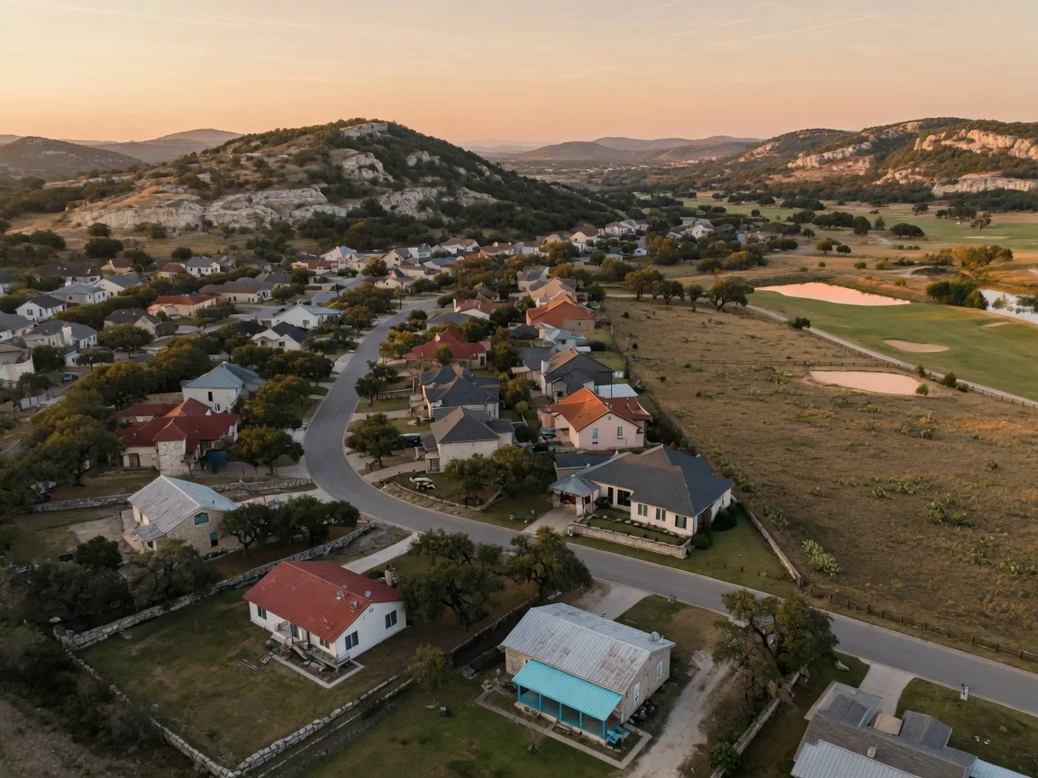 Aerial view of a Texas Hill Country master-planned community at late afternoon, limestone and stucco homes along oak-lined streets giving way to ranchland and a golf course
