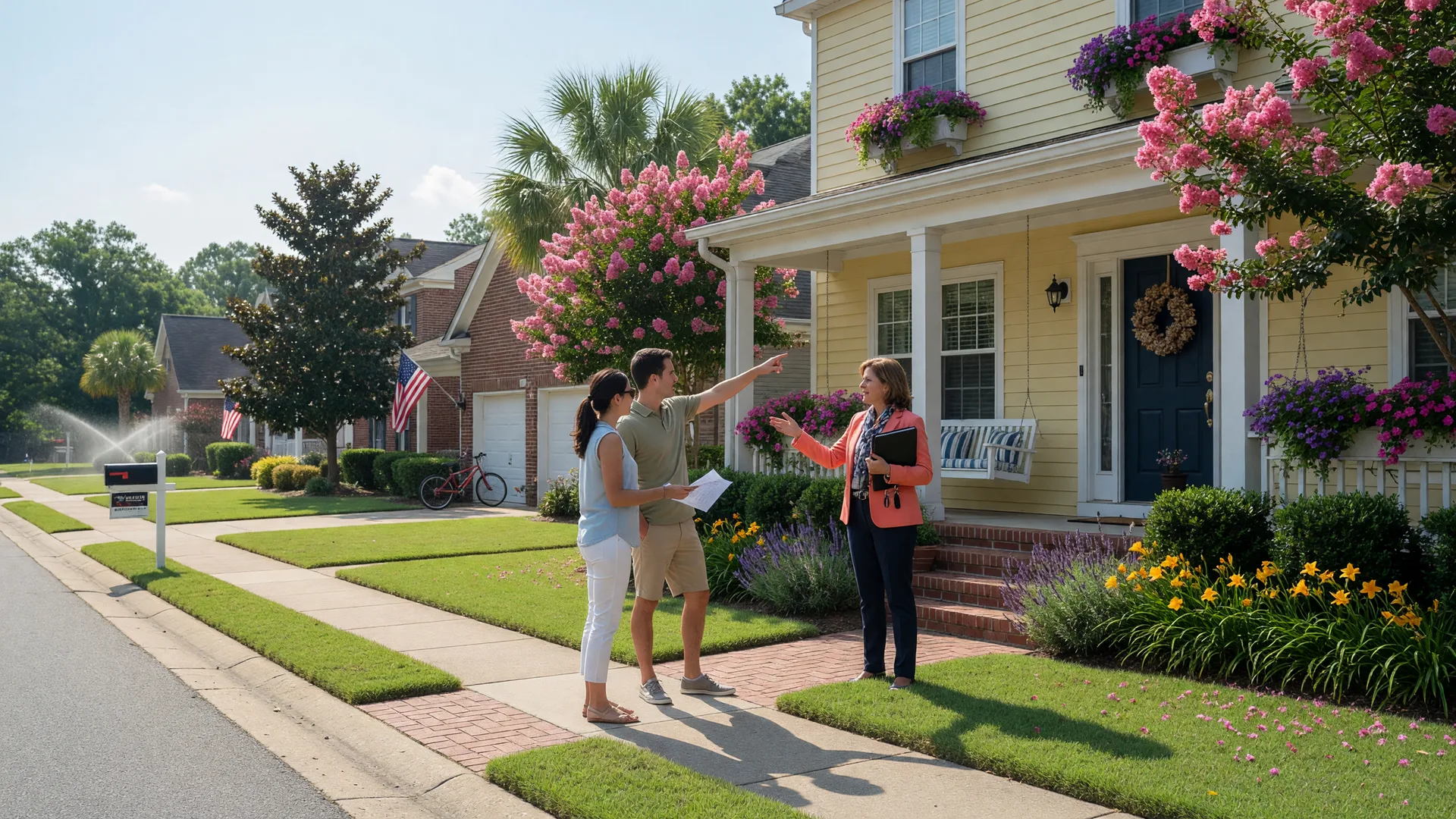 Young couple and real estate agent house hunting on the front walkway of a charming suburban Virginia Beach home on a sunny day
