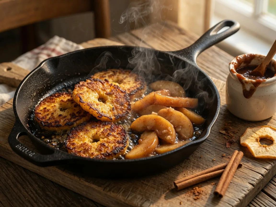 Golden-brown scrapple slices sizzling in a cast-iron skillet with caramelized apple slices beside them