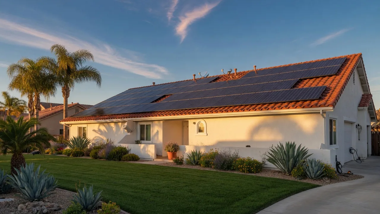 A single-story Murrieta home with rooftop solar panels on a red tile roof, warm white stucco walls, palm trees, and a clear blue sky at golden hour