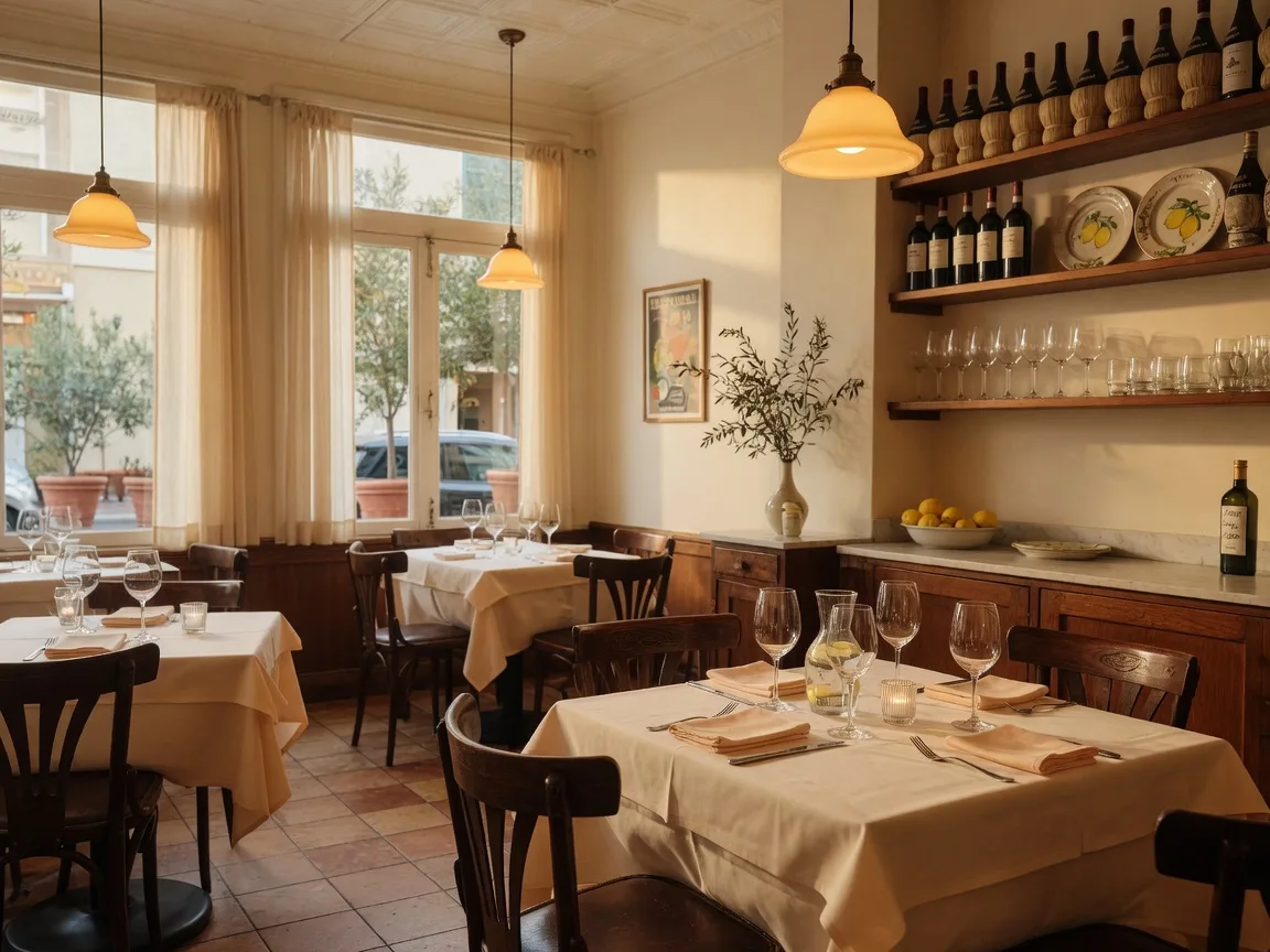 Warm dining room of Biba's Italian Restaurant in Flowery Branch Georgia with cream tablecloths, dark wood chairs, and soft golden pendant lighting
