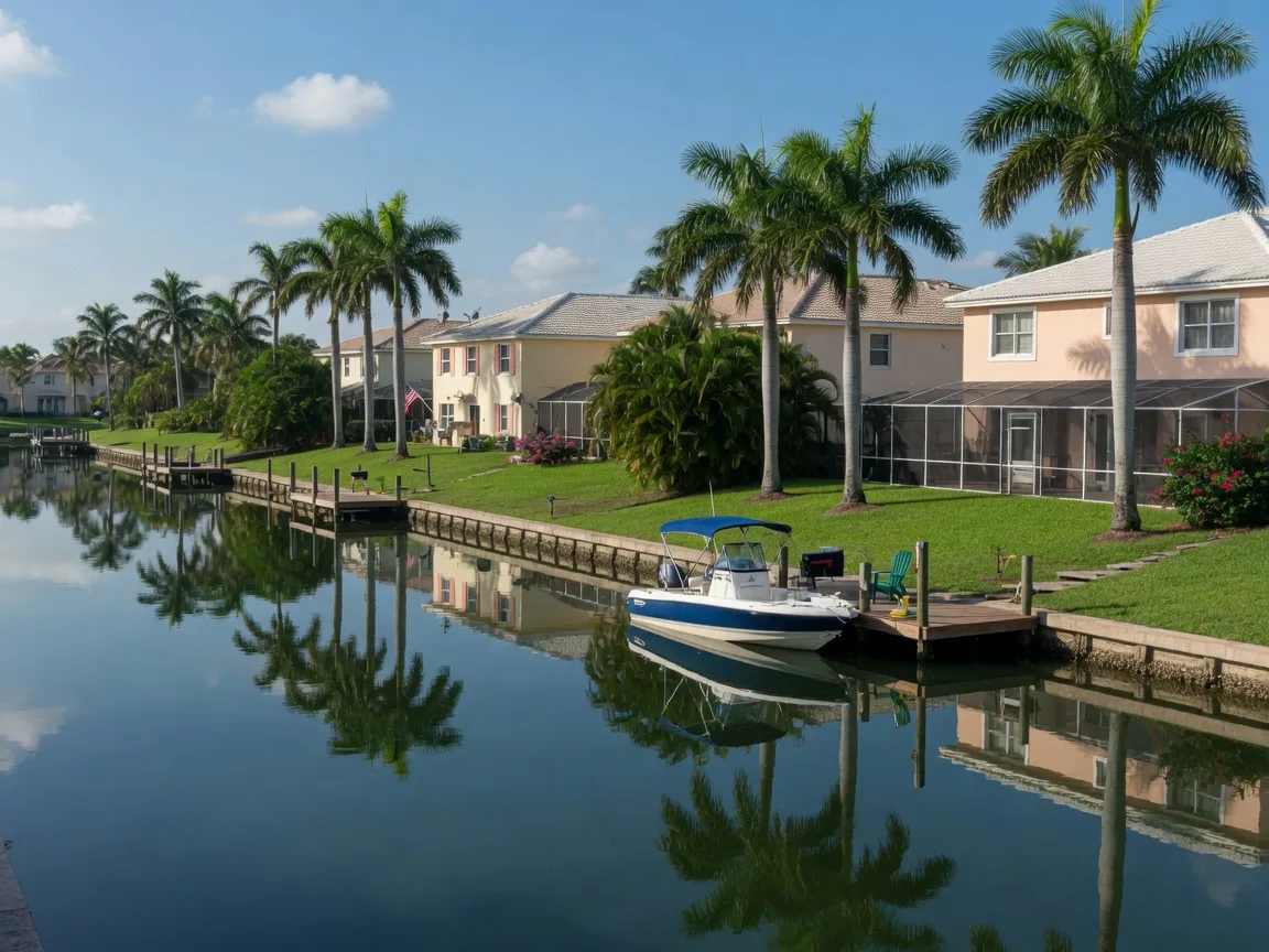 Canal-front single-family homes in Port St. Lucie with private docks and palm trees reflected in calm water on a sunny morning