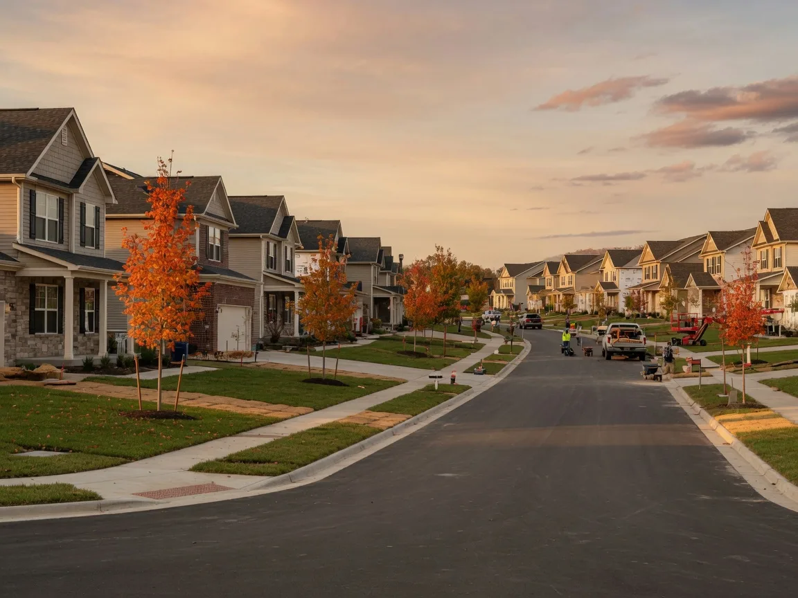 New construction homes in a Kansas City suburban community with full fall color at golden hour