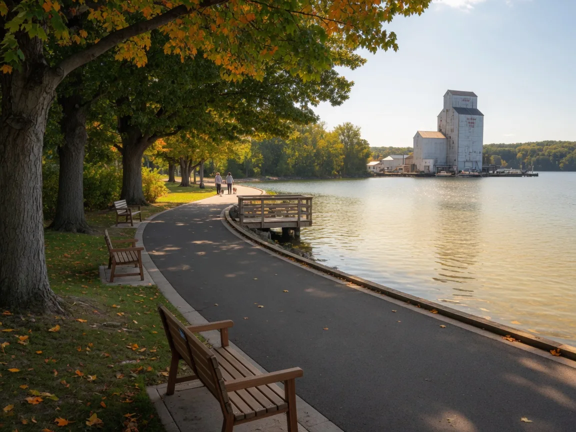 A paved lakeside walking trail along Lake Scugog in Port Perry on a sunny September afternoon, with mature trees, wooden benches and an old grain elevator on the far shore