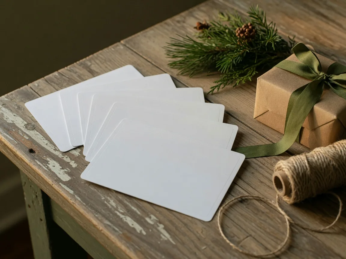 Blank holiday gift cards fanned out on a farmhouse table beside an evergreen sprig and a twine-wrapped gift box, the kind of gift card a shelter requests for its clients