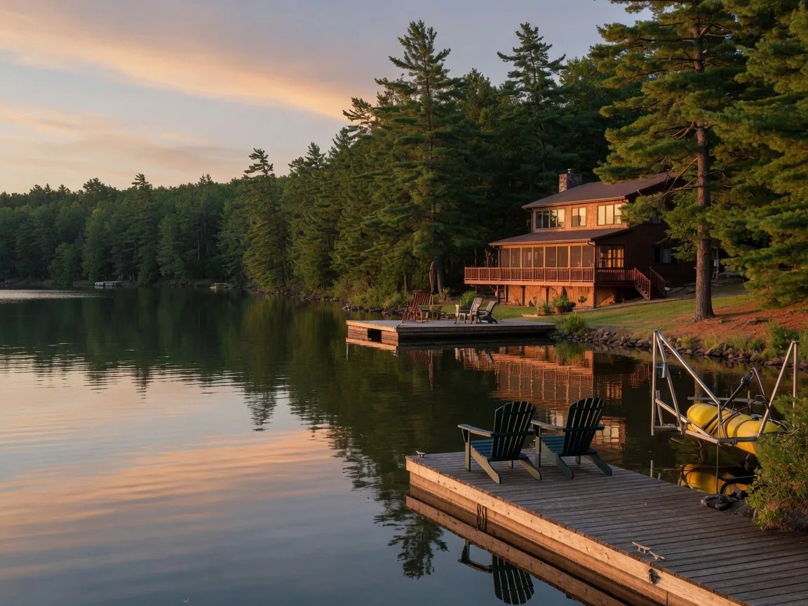 Lakefront home with a wooden dock, Adirondack chairs, and a boat lift on a Minnesota lake in golden light