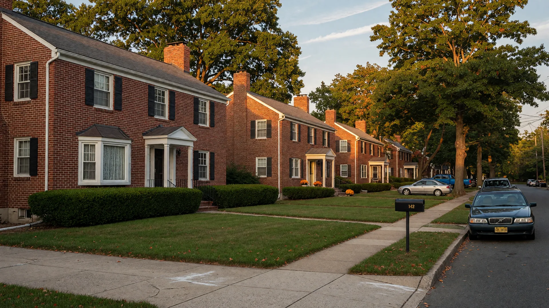 Tree-lined street of mid-century brick colonials in the Ashland section of Cherry Hill, NJ on a late-September afternoon