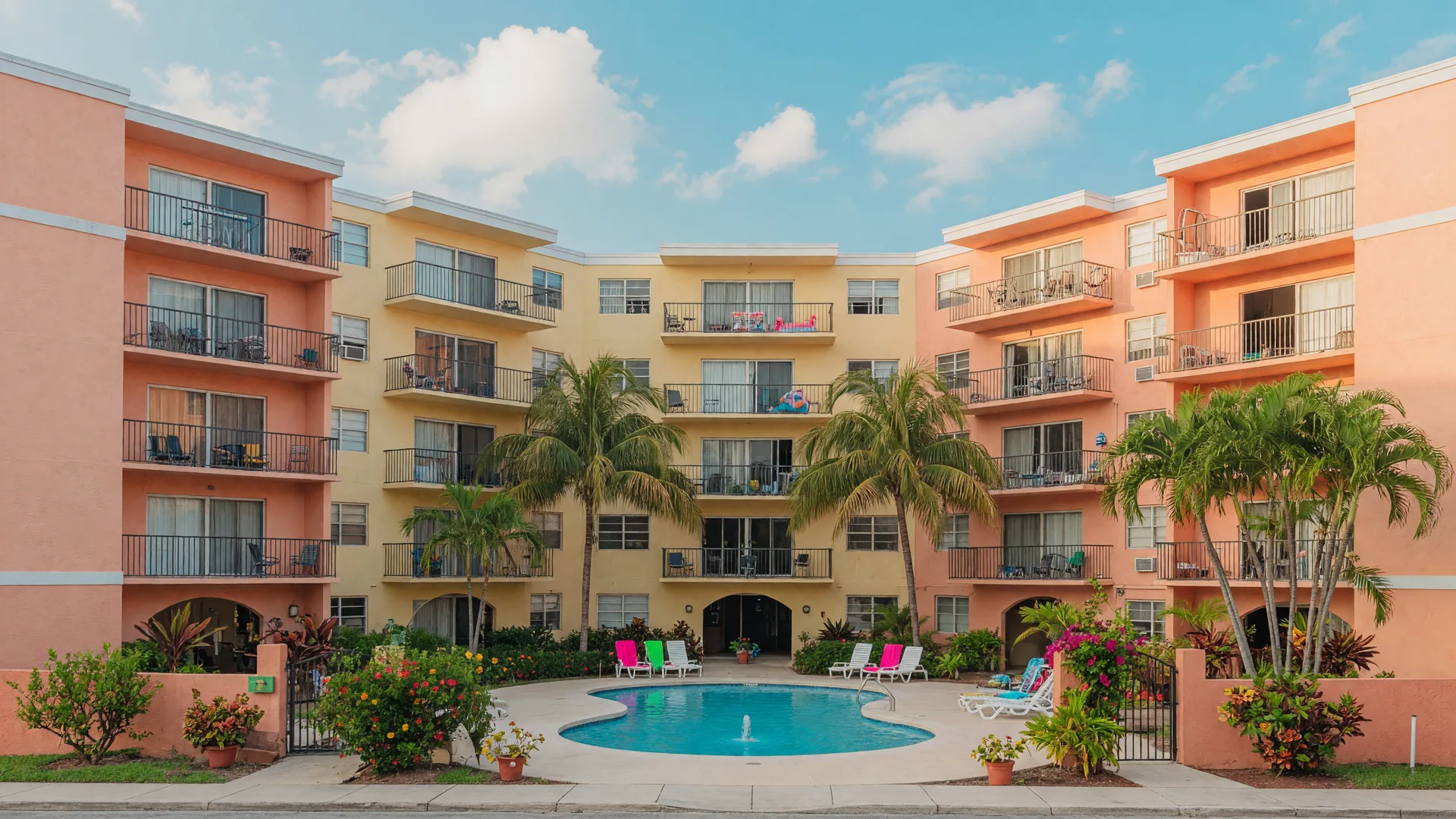 Affordable beachfront condo buildings in South Florida with tropical landscaping and blue sky