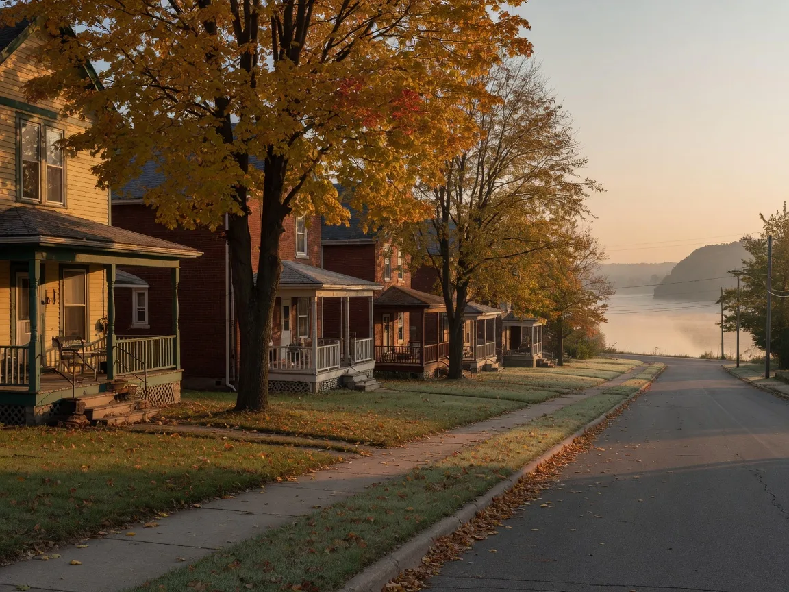 An October morning on a tree-lined Peoria street, gold and amber leaves, older porched homes, and the Illinois River haze in the distance