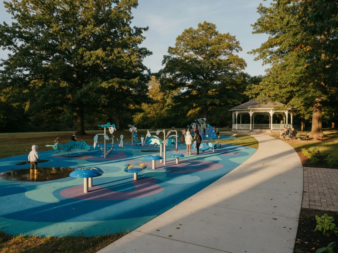 Watsessing Park in Bloomfield NJ in early fall with the renovated aquatic-themed playground and spray park, oak trees just beginning to turn gold, a bandstand in the distance, and clean walking paths in late-September light