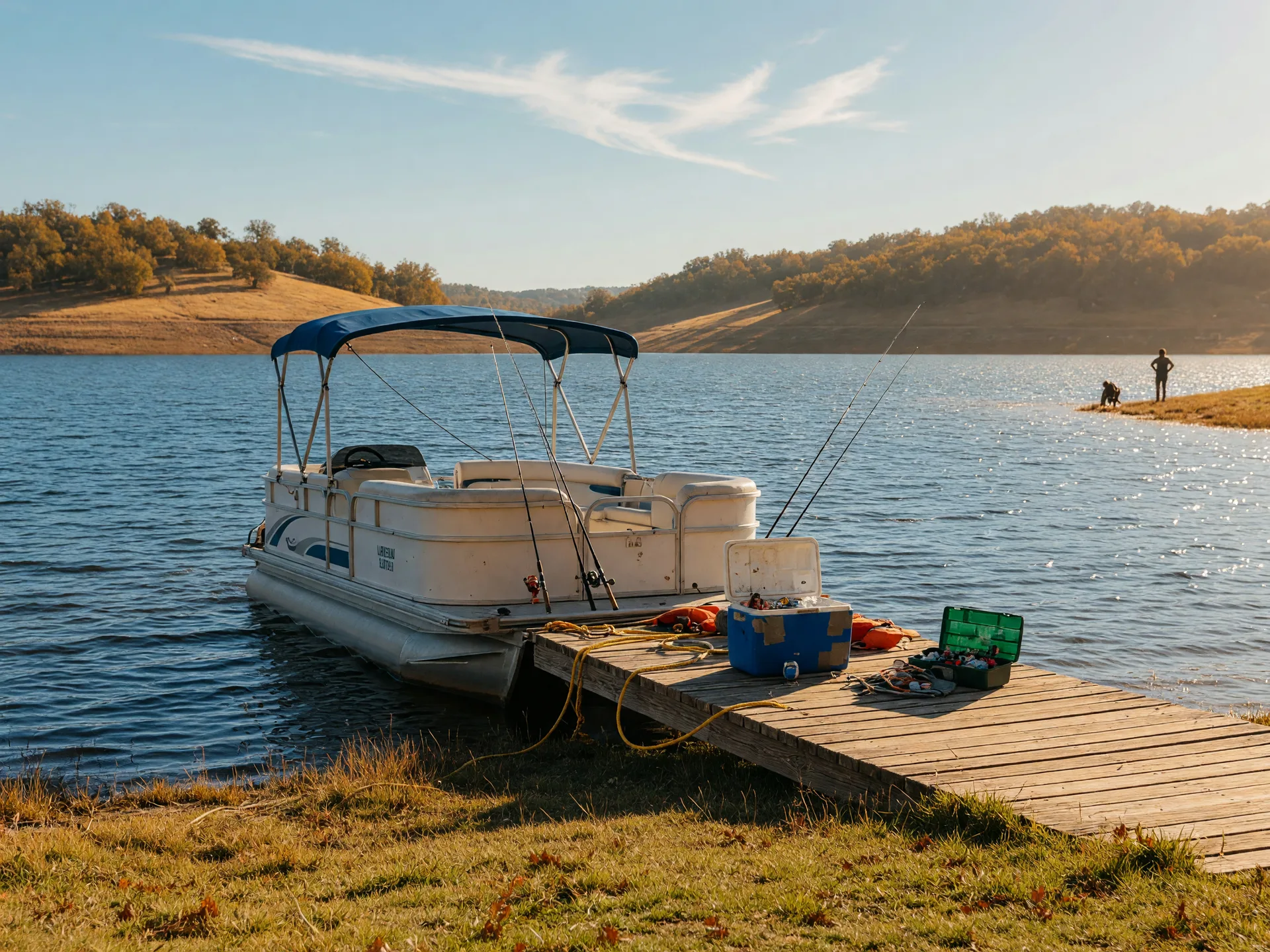 A rented boat tied at a sunny California lake dock with fishing rods, a cooler, and tackle box, surrounded by golden hills