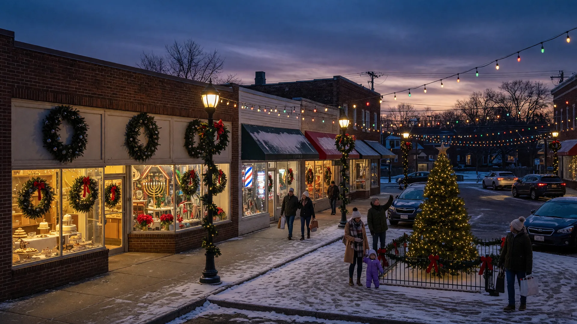 A New Jersey suburban downtown street at dusk in early December with warm holiday string lights between lampposts, a decorated evergreen in a small town square, glowing storefronts, and families strolling in coats