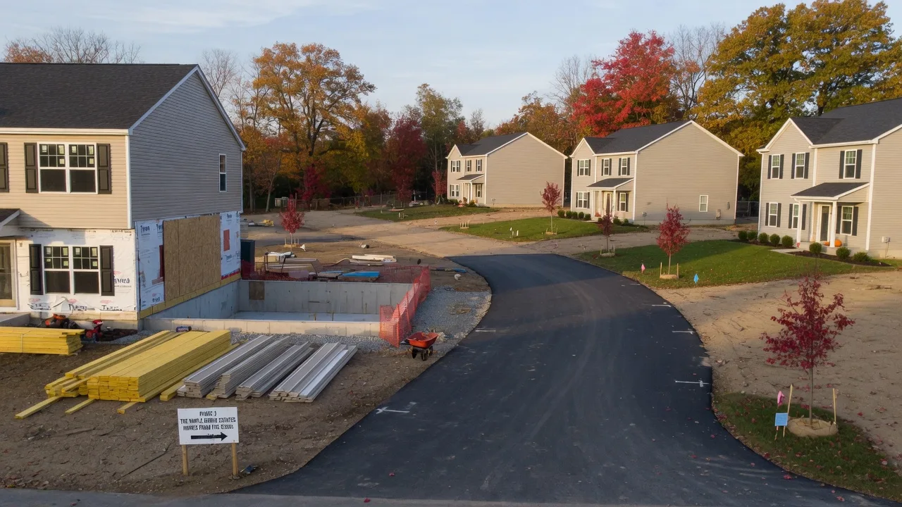 A new suburban residential development in eastern Pennsylvania under construction on a crisp October morning, with framed and partially sided single-family homes, a new paved cul-de-sac, and oak and maple trees in fall color