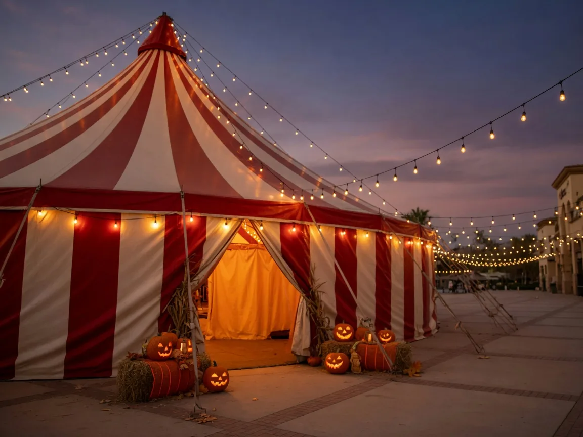 A red-and-cream striped circus big top tent glowing at dusk with string lights and jack-o'-lanterns at the Valencia Town Center