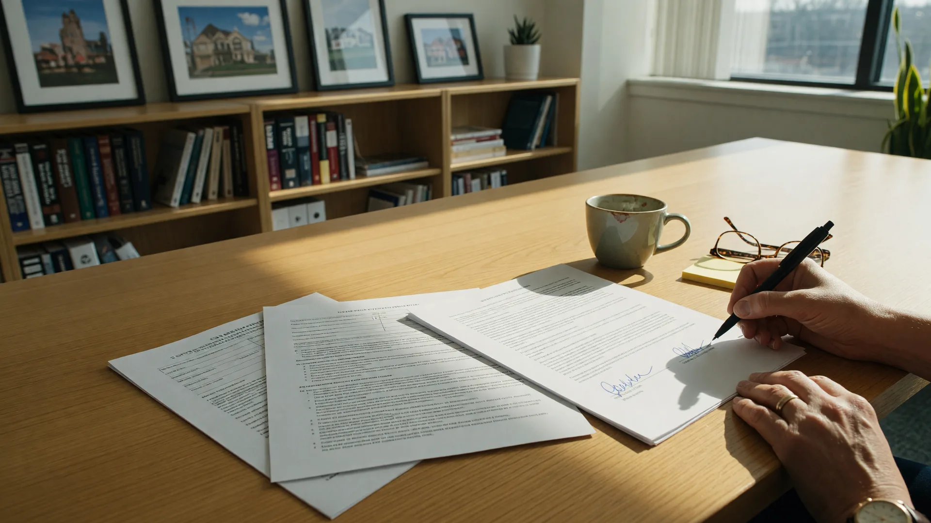 A buyer's hand signing a multi-page purchase agreement and agency disclosure forms at a light oak conference table in a bright modern Ohio brokerage office, with a coffee cup and reading glasses beside the documents