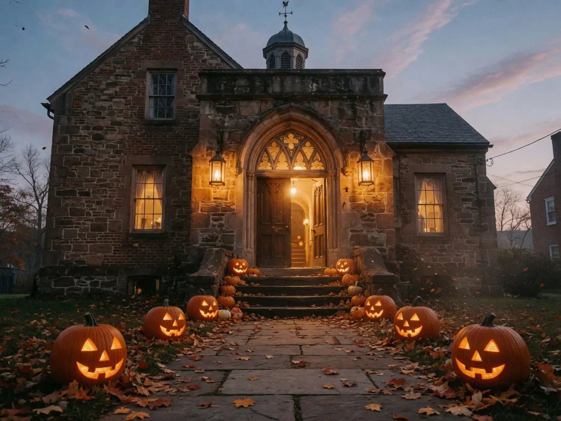 A historic stone county building in South Jersey at dusk on Halloween weekend, its gothic arched doorway glowing with lantern light and carved pumpkins along the stone walkway