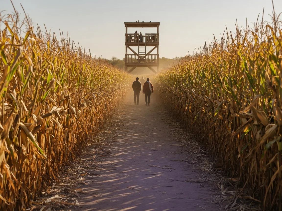 A tall golden corn maze path at a New Jersey farm in late-September afternoon light with a wooden observation platform in the distance