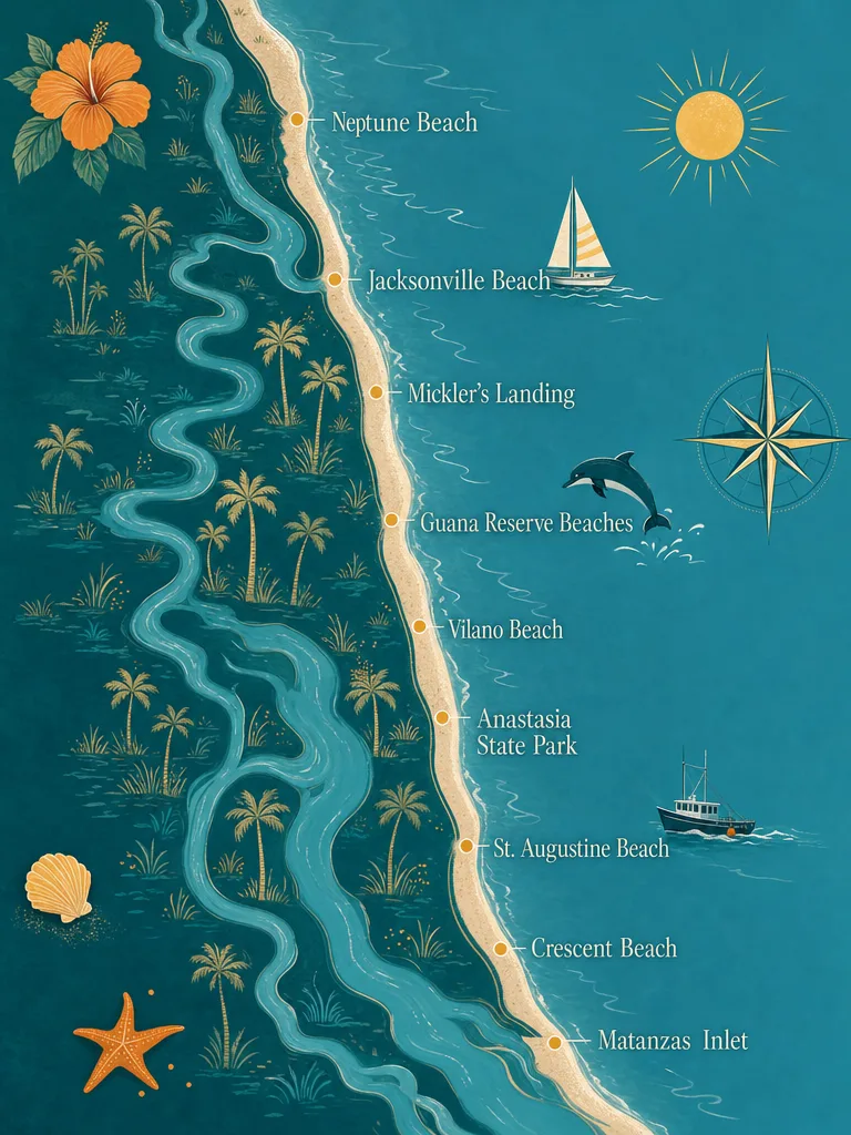 Hand-illustrated coastal map of the Northeast Florida beaches, north to south