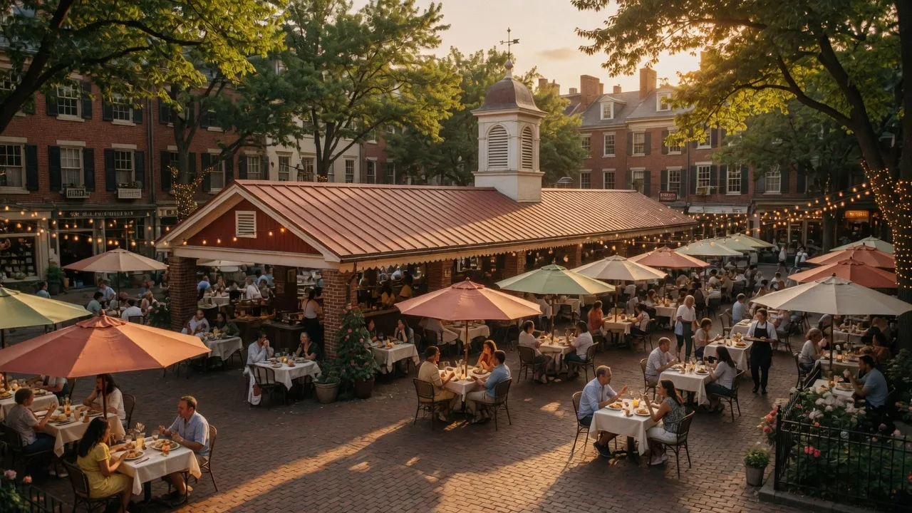 Society Hill historic row houses with cobblestone streets and Franklin gas lamps in Philadelphia