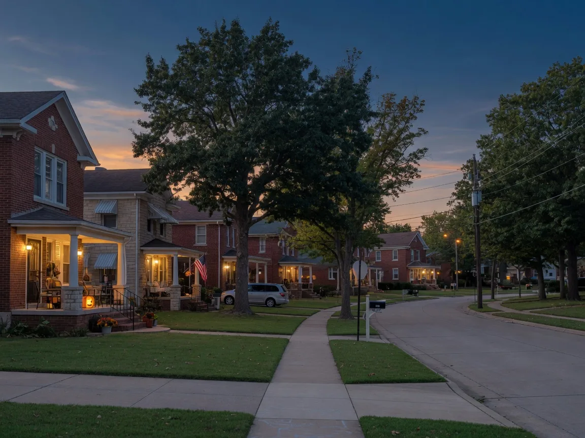 Quiet suburban Oklahoma street at dusk with brick and stone homes and porch lights glowing