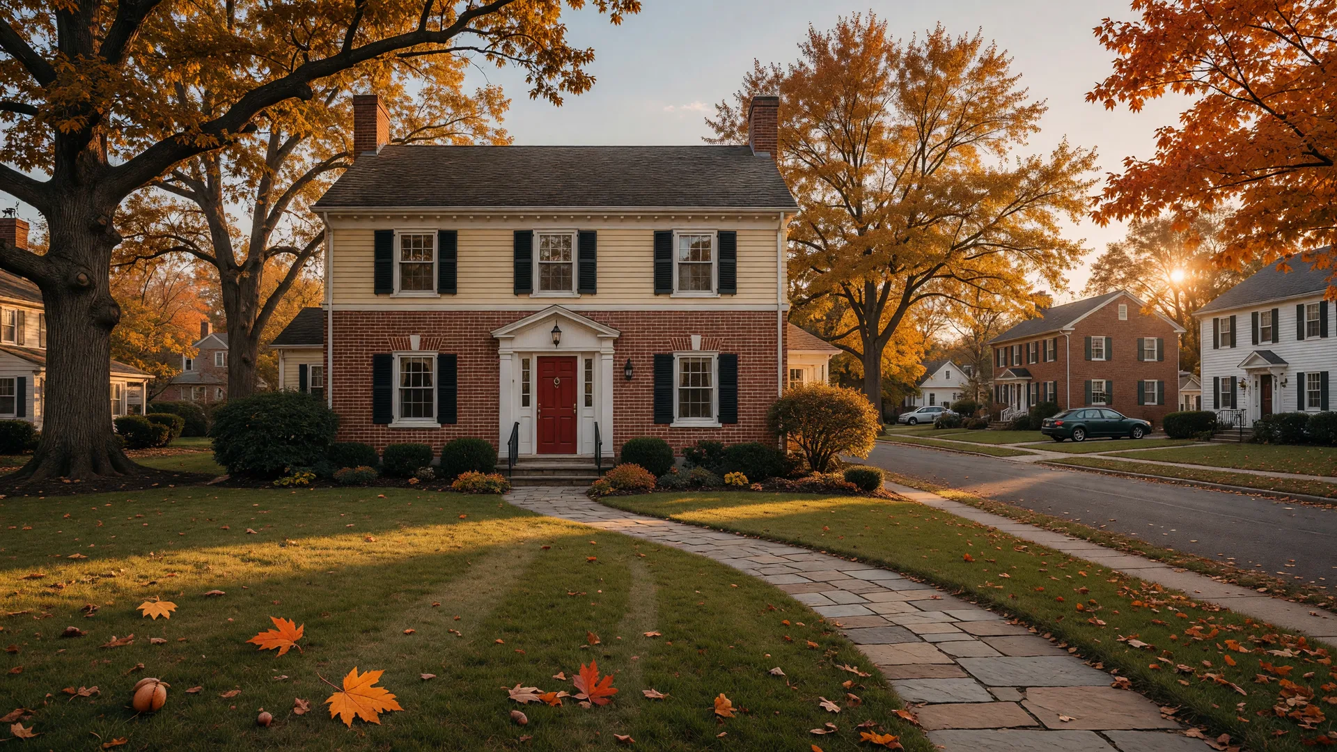 A warm brick and clapboard colonial home in Burlington County framed by autumn oak and maple trees on a golden afternoon