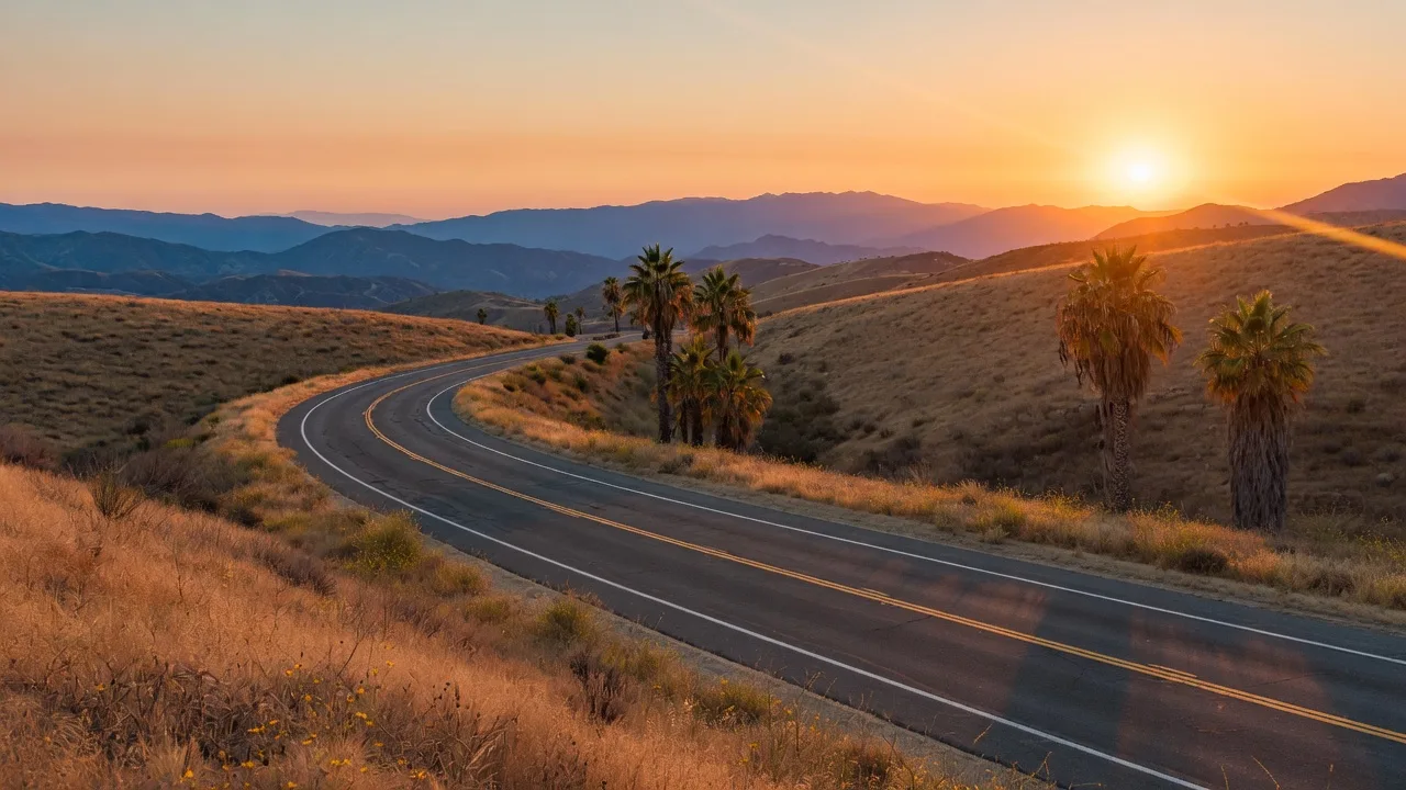A winding California highway curving through golden foothills near Murrieta at sunset, with palm trees along the roadside and mountains in the distance