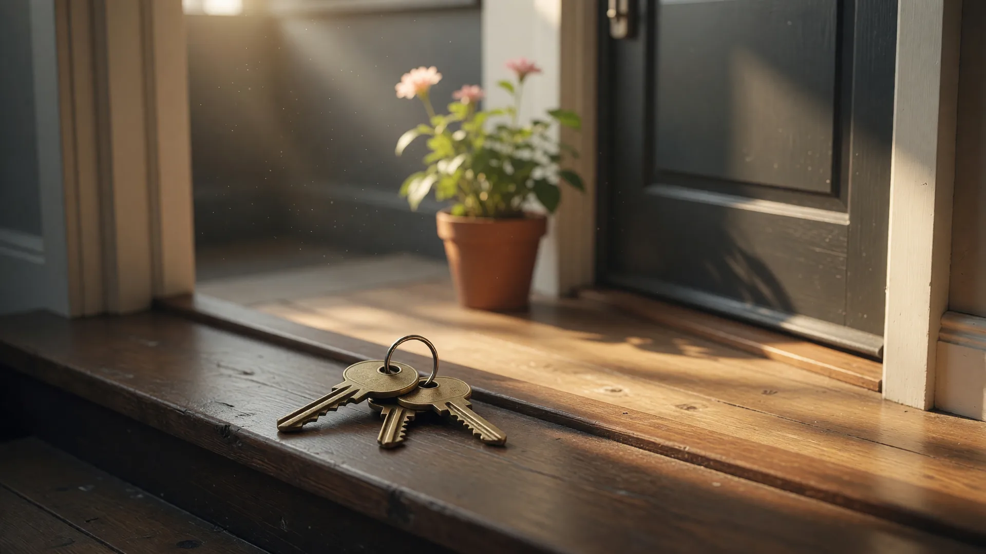 A pair of brass house keys resting on a dark wooden threshold in warm morning light, a modern front door with a potted plant softly blurred behind
