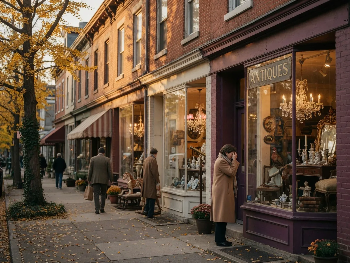 Antique Row on Pine Street in Philadelphia, historic brick storefronts with glowing antique displays and a tree-lined sidewalk in late-afternoon autumn light