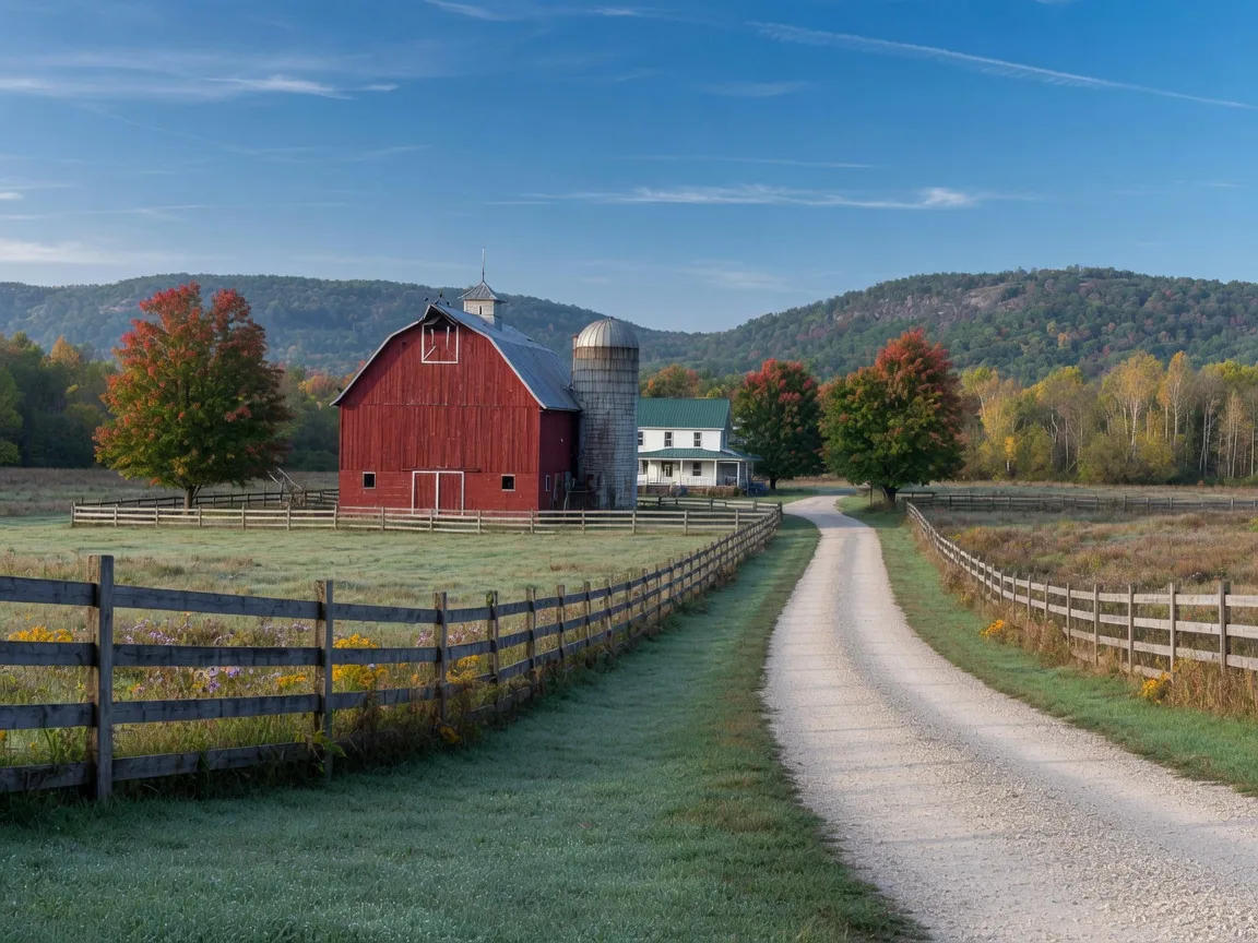 A rural estate property on the Oak Ridges Moraine near Uxbridge with a long gravel driveway, split-rail fencing, a red barn, and wooded hills in the distance on a crisp autumn morning