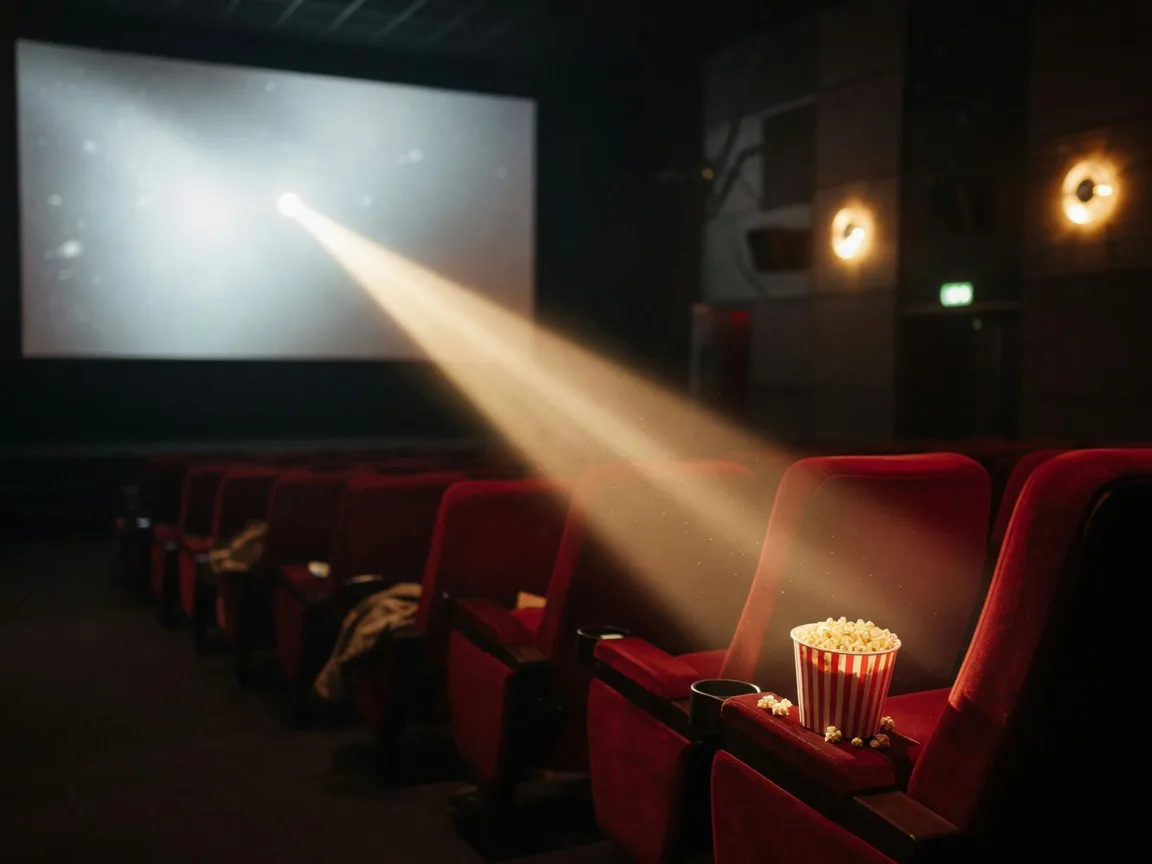 Plush red theater seats with a warm projector beam of light cutting through a dark auditorium