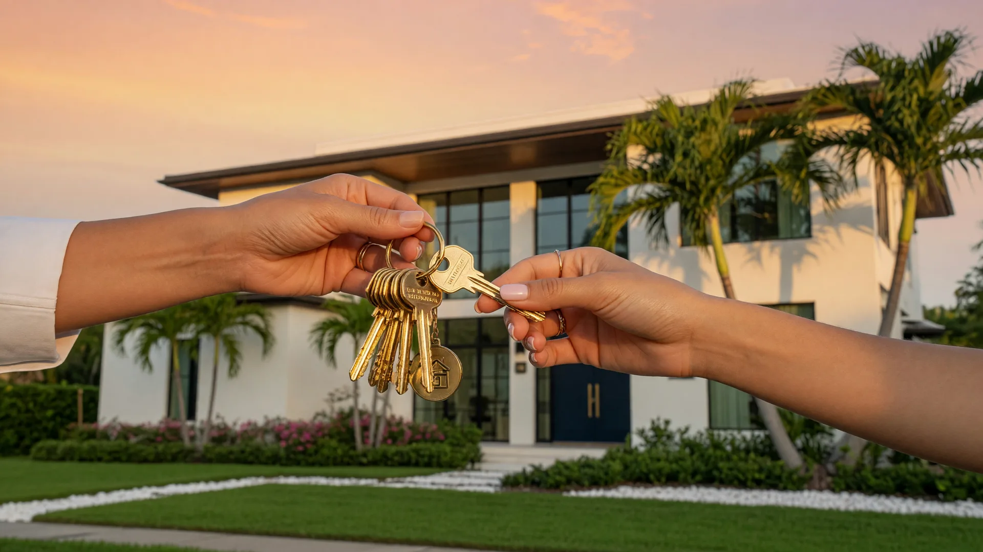 Homeowner's hand handing house keys to a buyer at the closing of a family home sale in Florida